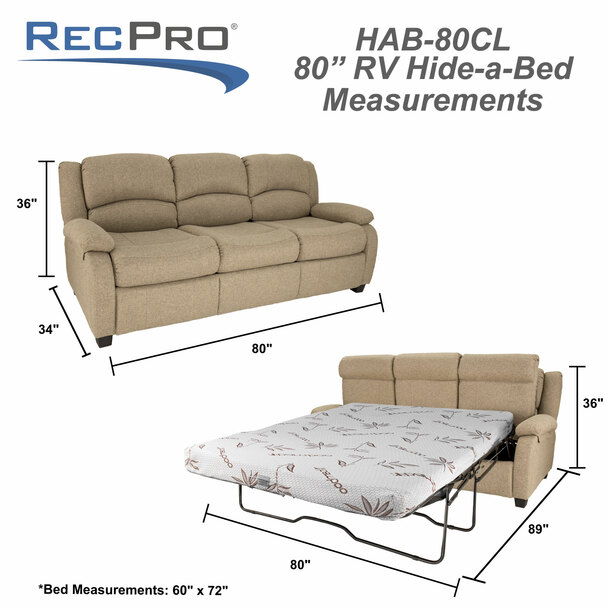 RecPro Charles 80” RV Sleeper Sofa with Hide-a-Bed