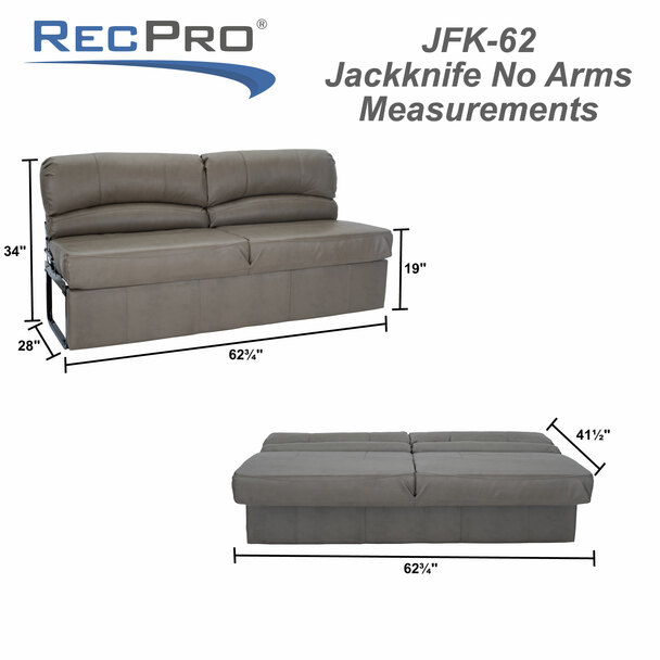 RecPro Charles 62” RV Jackknife Sleeper Sofa with Optional Legs