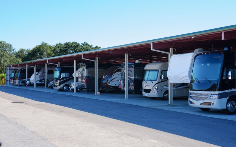 A group of RVs lined up under a garage