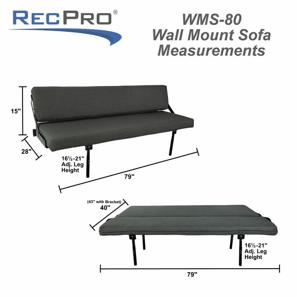 RecPro 80” RV Wall Mount Rollover Sofa with Adjustable Legs in Cloth